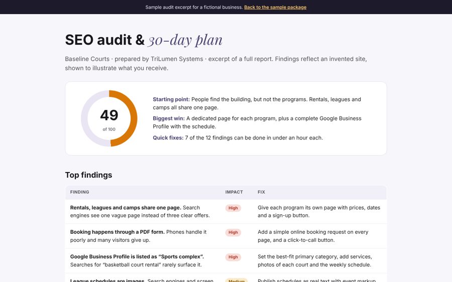 Sample SEO audit with score, findings and 30-day plan