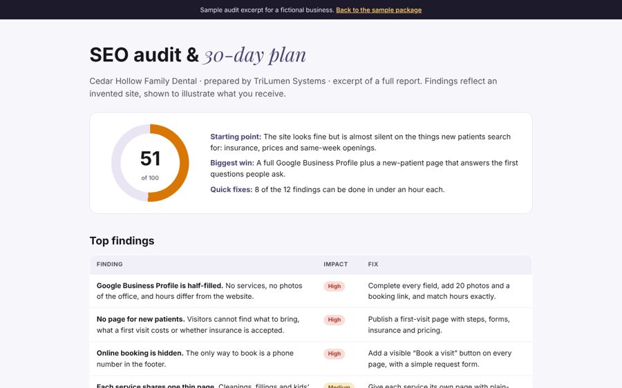 Sample SEO audit with score, findings and 30-day plan