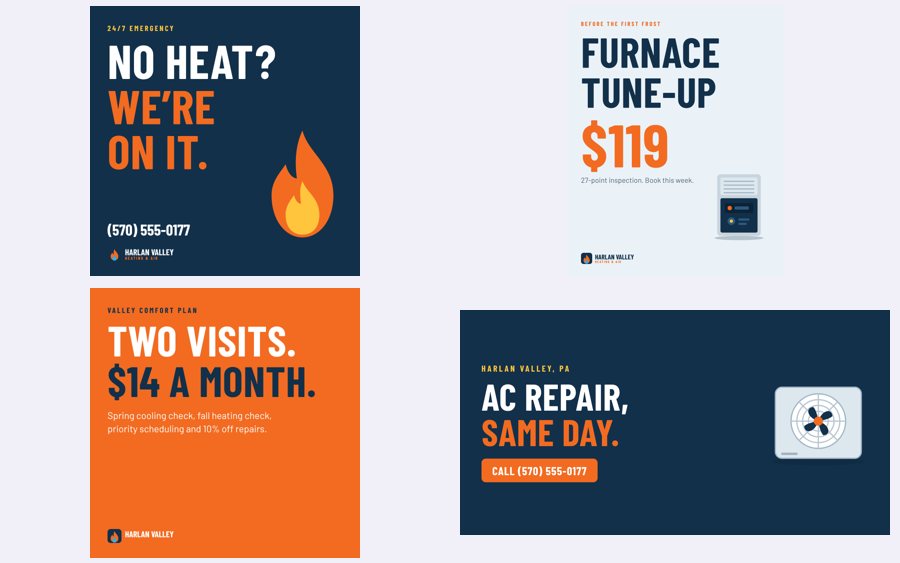 Collage of four Harlan Valley Heating & Air social media designs